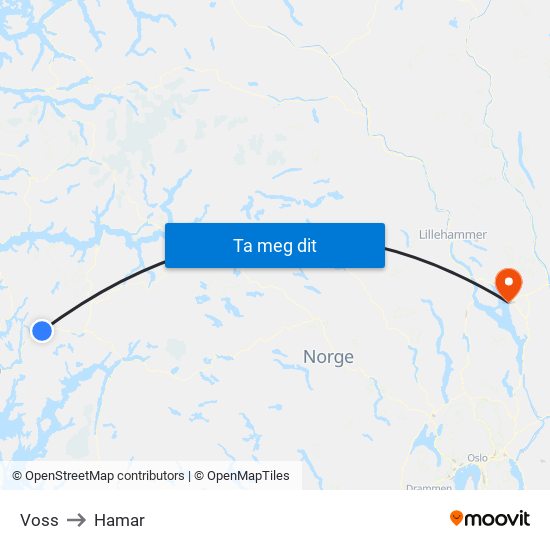 Voss to Hamar map