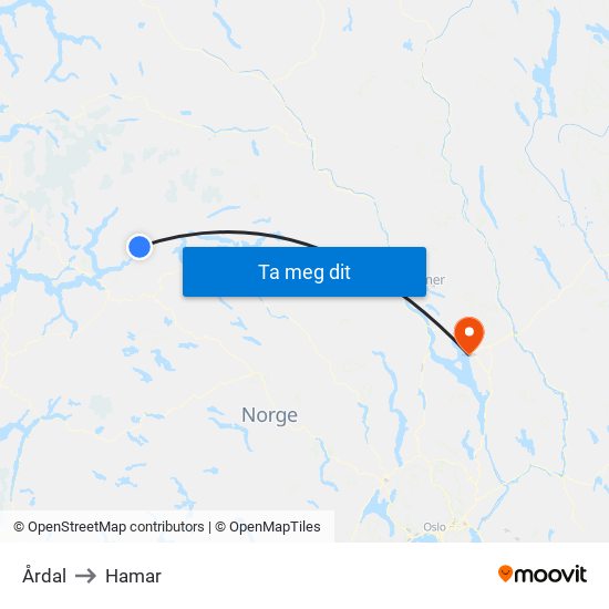 Årdal to Hamar map