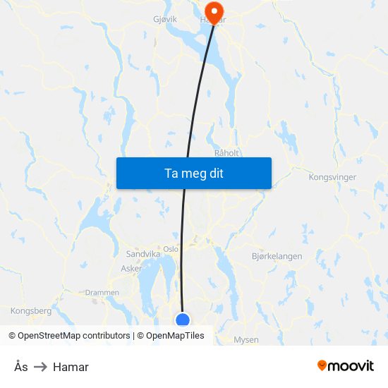 Ås to Hamar map