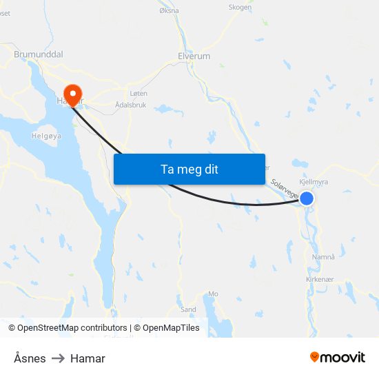 Åsnes to Hamar map