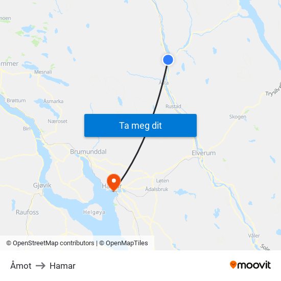 Åmot to Hamar map