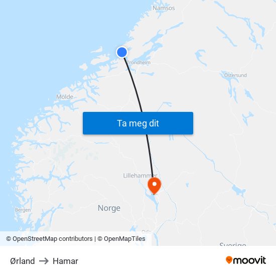 Ørland to Hamar map