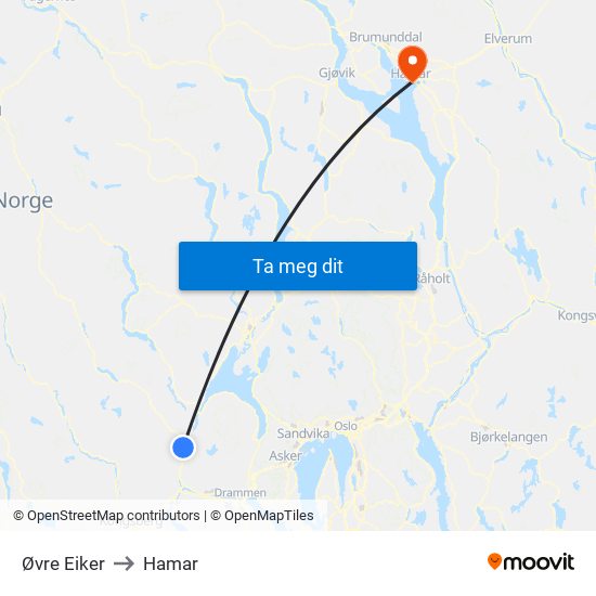 Øvre Eiker to Hamar map