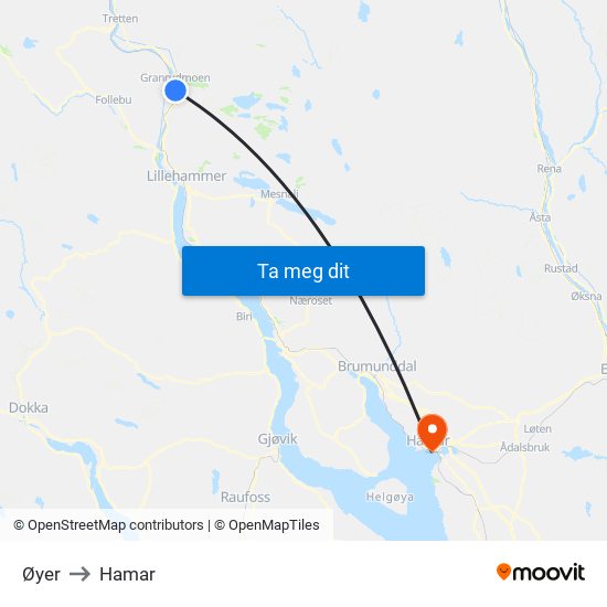 Øyer to Hamar map