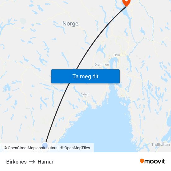 Birkenes to Hamar map