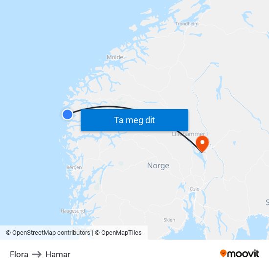 Flora to Hamar map
