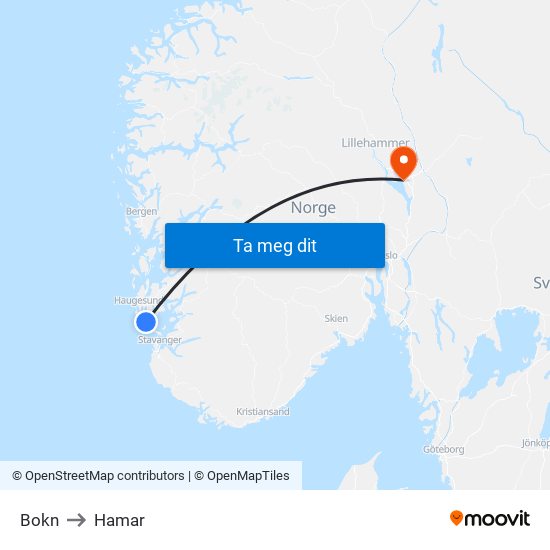 Bokn to Hamar map