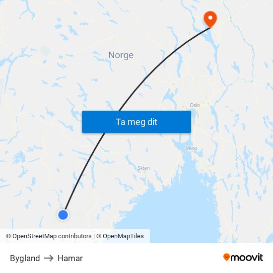 Bygland to Hamar map
