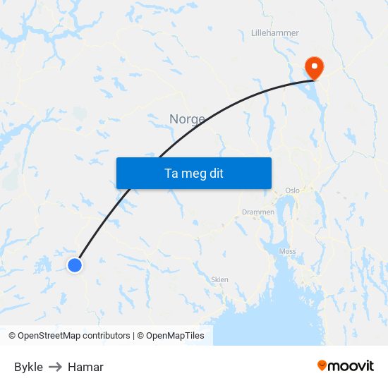 Bykle to Hamar map