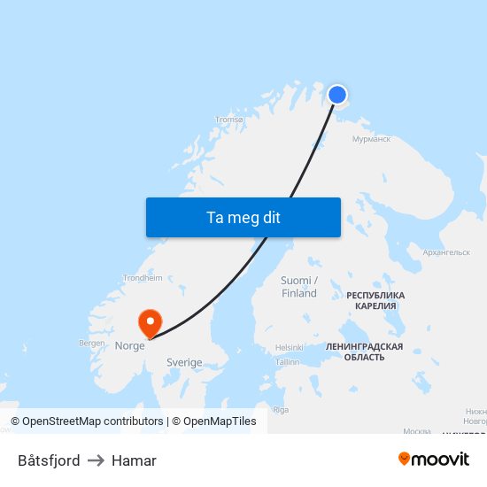 Båtsfjord to Hamar map