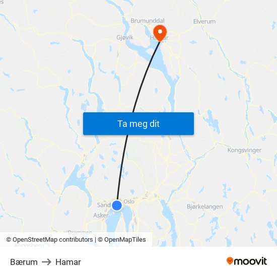 Bærum to Hamar map