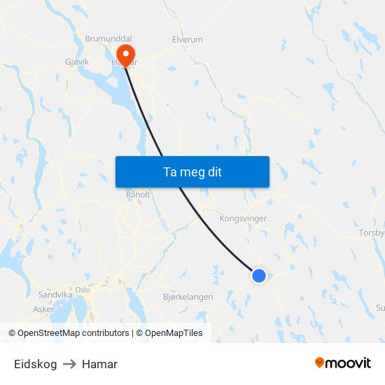 Eidskog to Hamar map