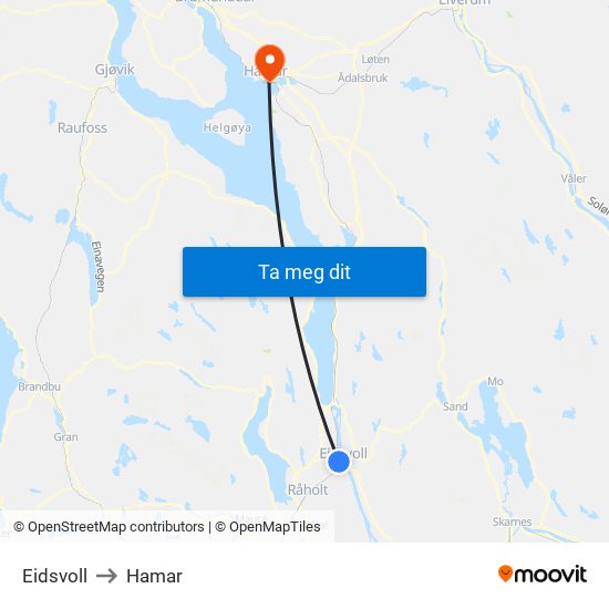 Eidsvoll to Hamar map