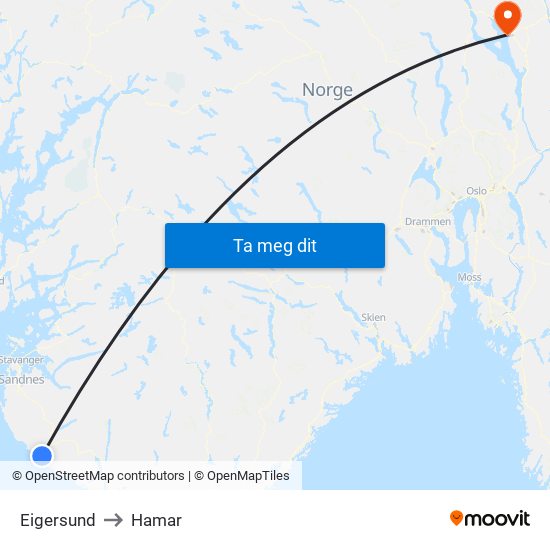 Eigersund to Hamar map