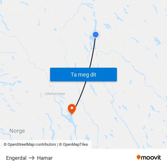 Engerdal to Hamar map