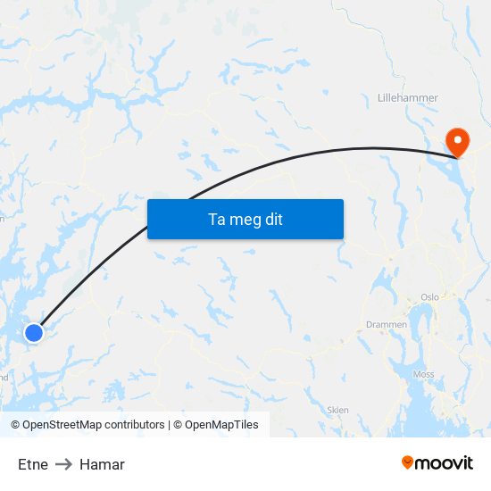 Etne to Hamar map