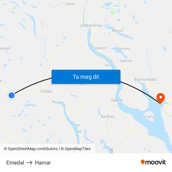 Etnedal to Hamar map