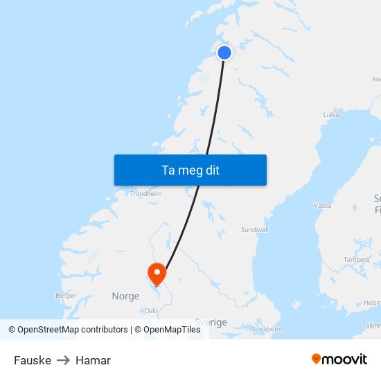 Fauske to Hamar map