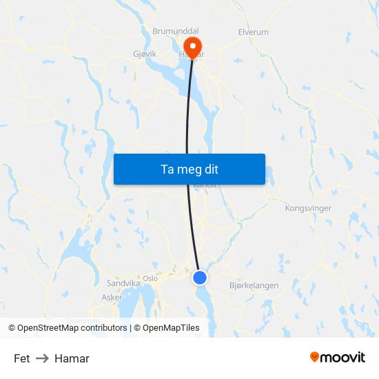 Fet to Hamar map