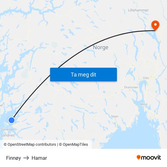 Finnøy to Hamar map