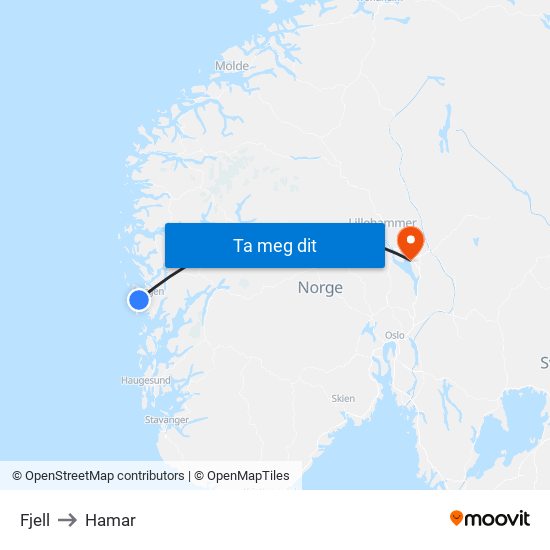 Fjell to Hamar map