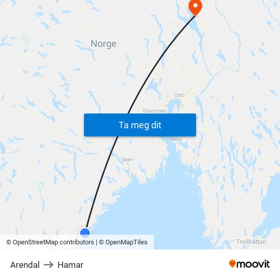 Arendal to Hamar map