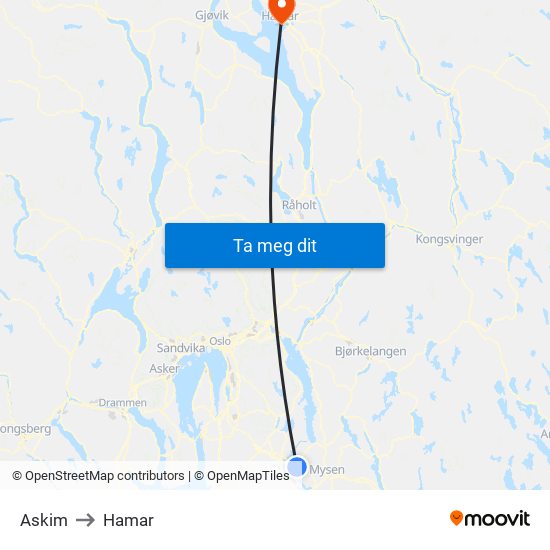 Askim to Hamar map