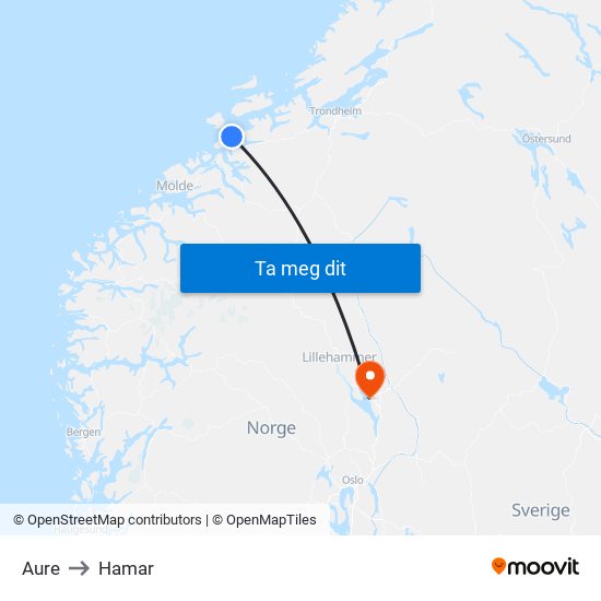 Aure to Hamar map