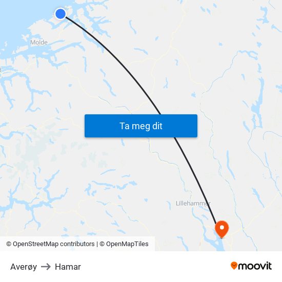 Averøy to Hamar map