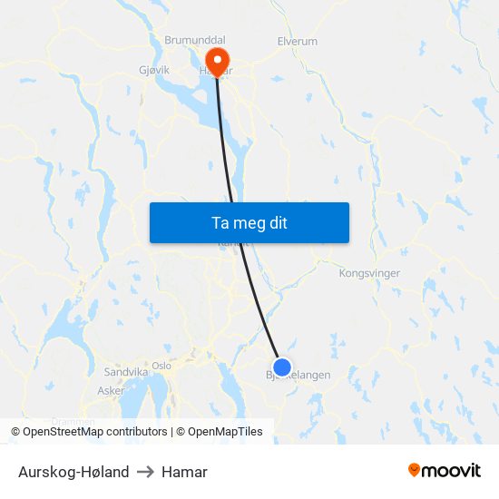 Aurskog-Høland to Hamar map