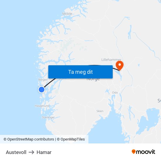 Austevoll to Hamar map