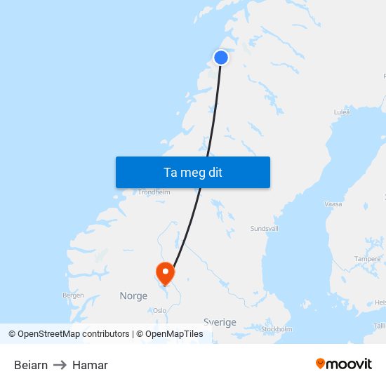 Beiarn to Hamar map