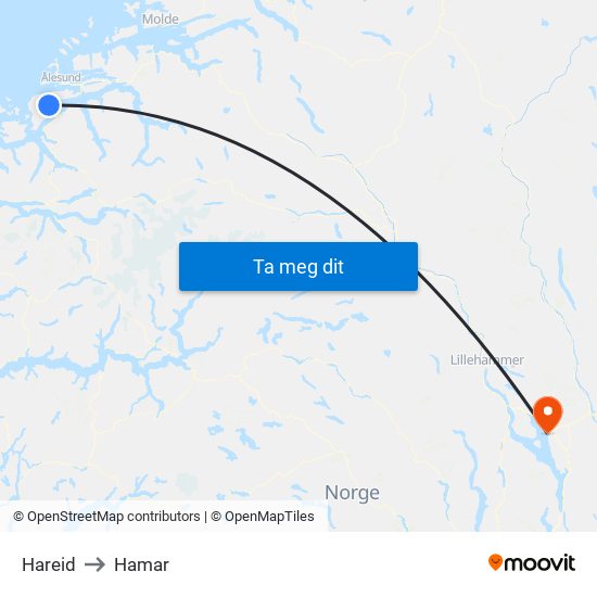 Hareid to Hamar map