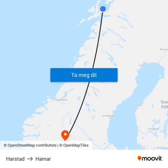 Harstad to Hamar map