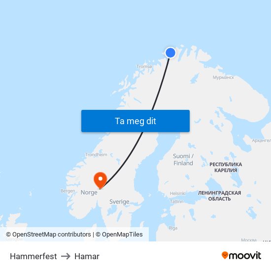 Hammerfest to Hamar map