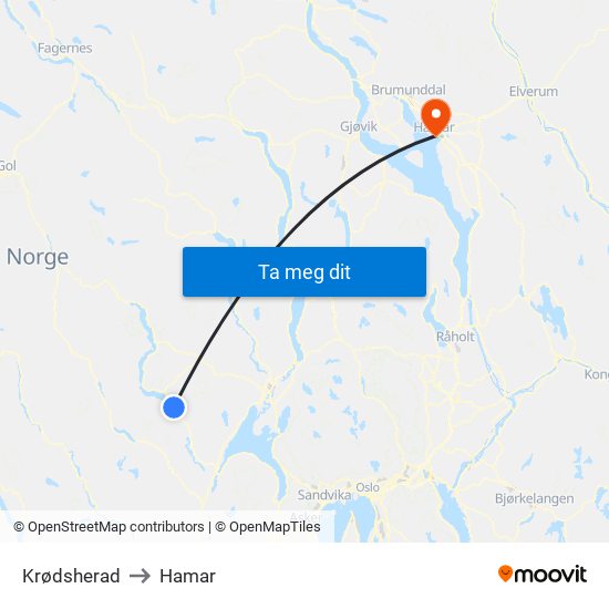 Krødsherad to Hamar map