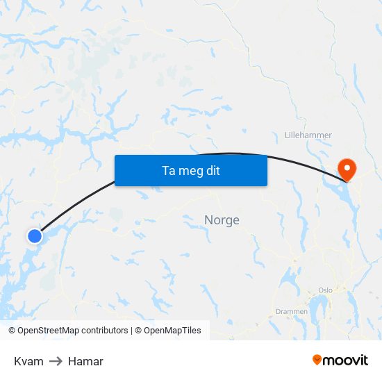 Kvam to Hamar map