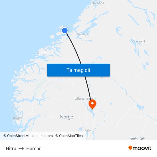 Hitra to Hamar map