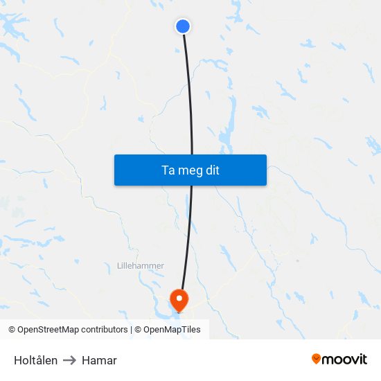 Holtålen to Hamar map