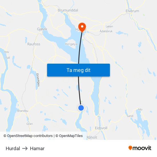 Hurdal to Hamar map