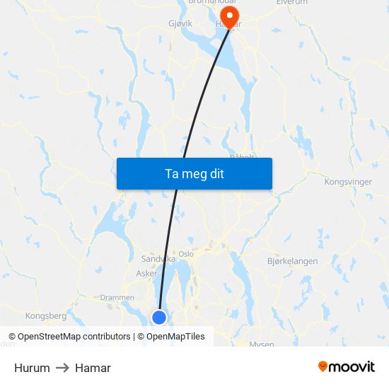 Hurum to Hamar map