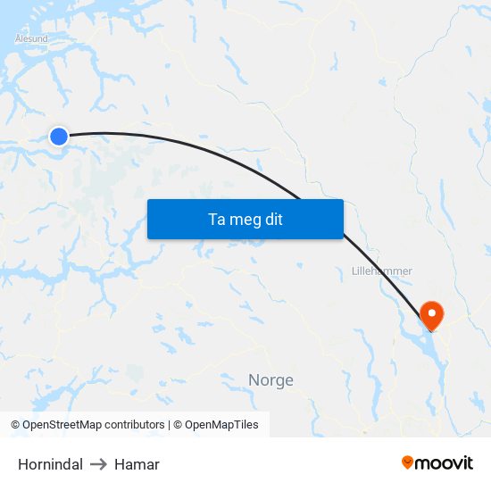 Hornindal to Hamar map