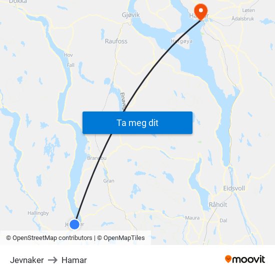 Jevnaker to Hamar map
