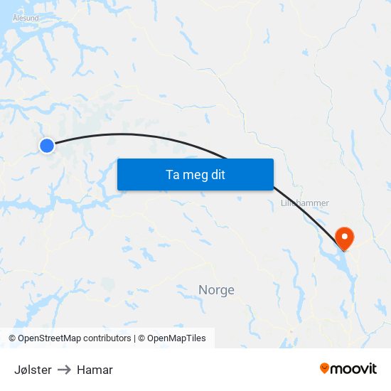Jølster to Hamar map
