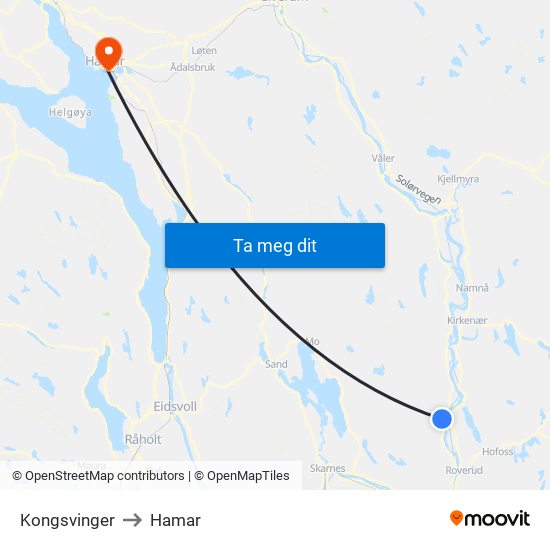 Kongsvinger to Hamar map