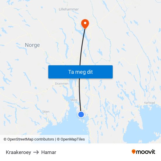 Kraakeroey to Hamar map