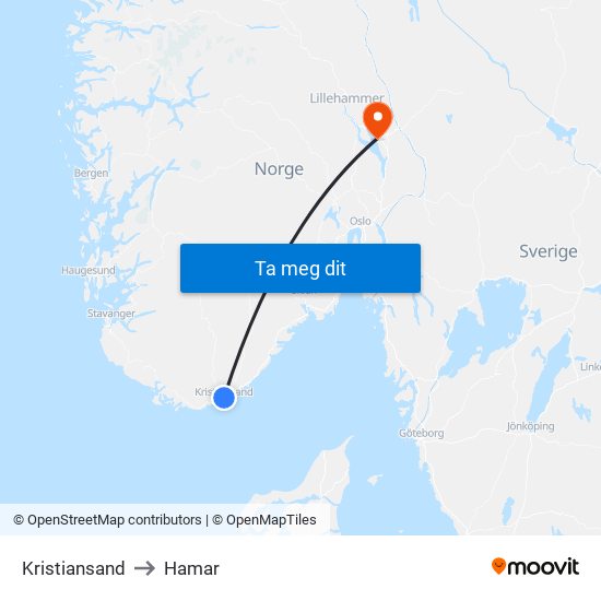 Kristiansand to Hamar map
