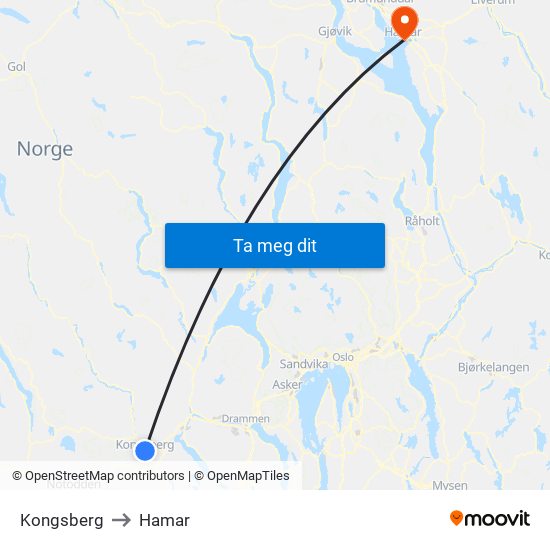 Kongsberg to Hamar map