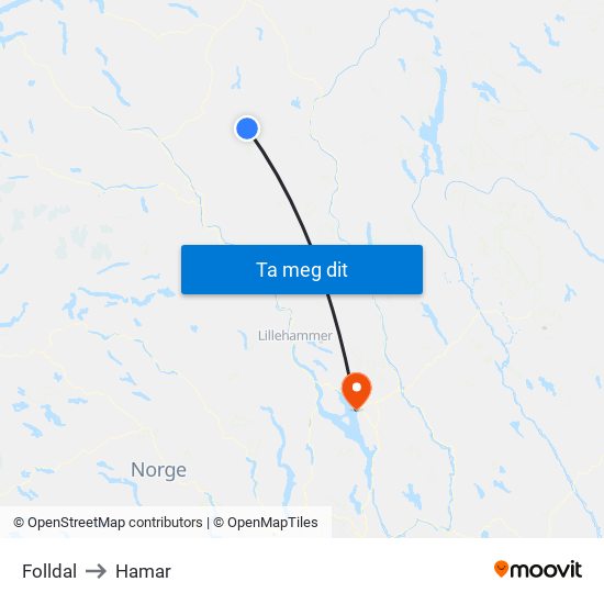 Folldal to Hamar map