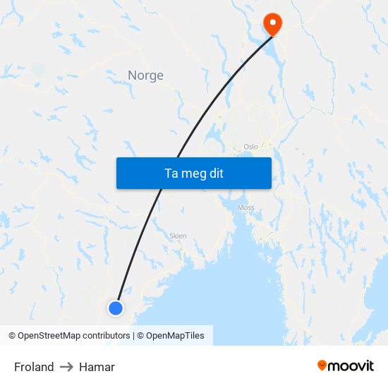 Froland to Hamar map